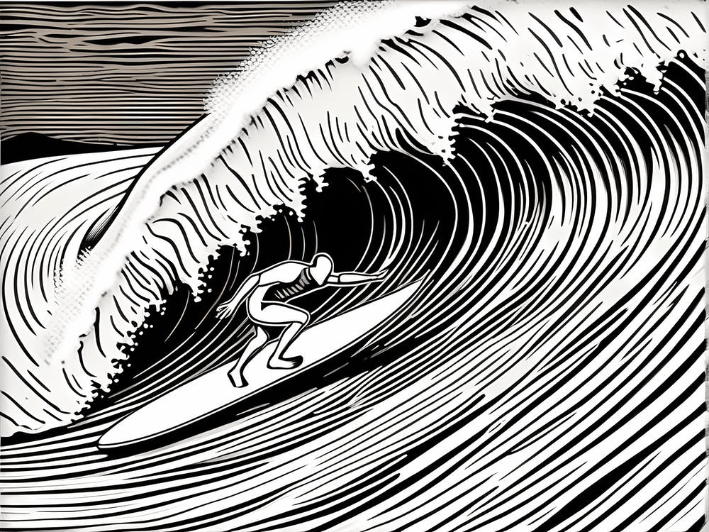 Linocut Black And White Surfer On A Wave art, surfing art, 7