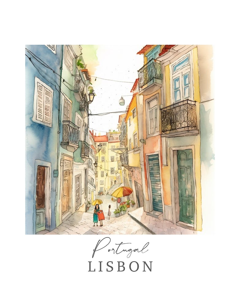 Portugal Lisbon Storybook 2 Travel Poster Watercolour