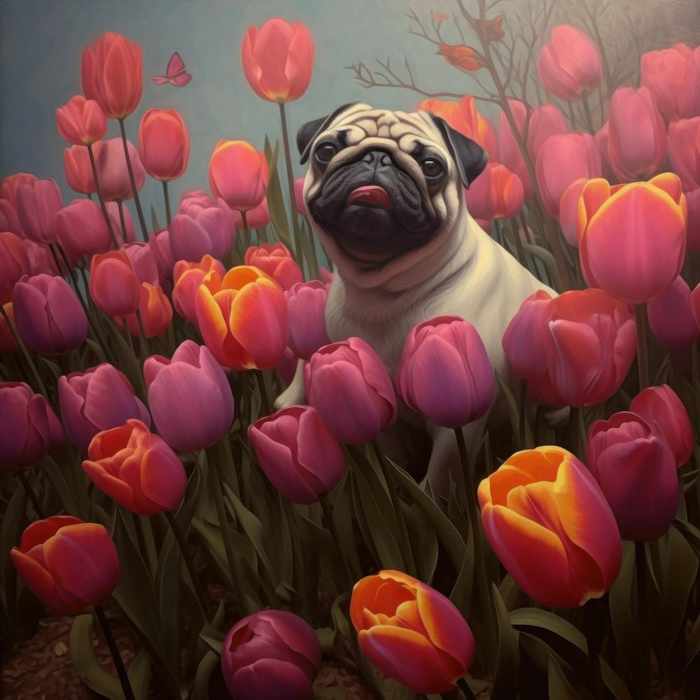 Pug Sitting In Tulips