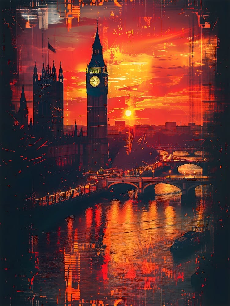 Sunset In London, Cityscape Collage Retro