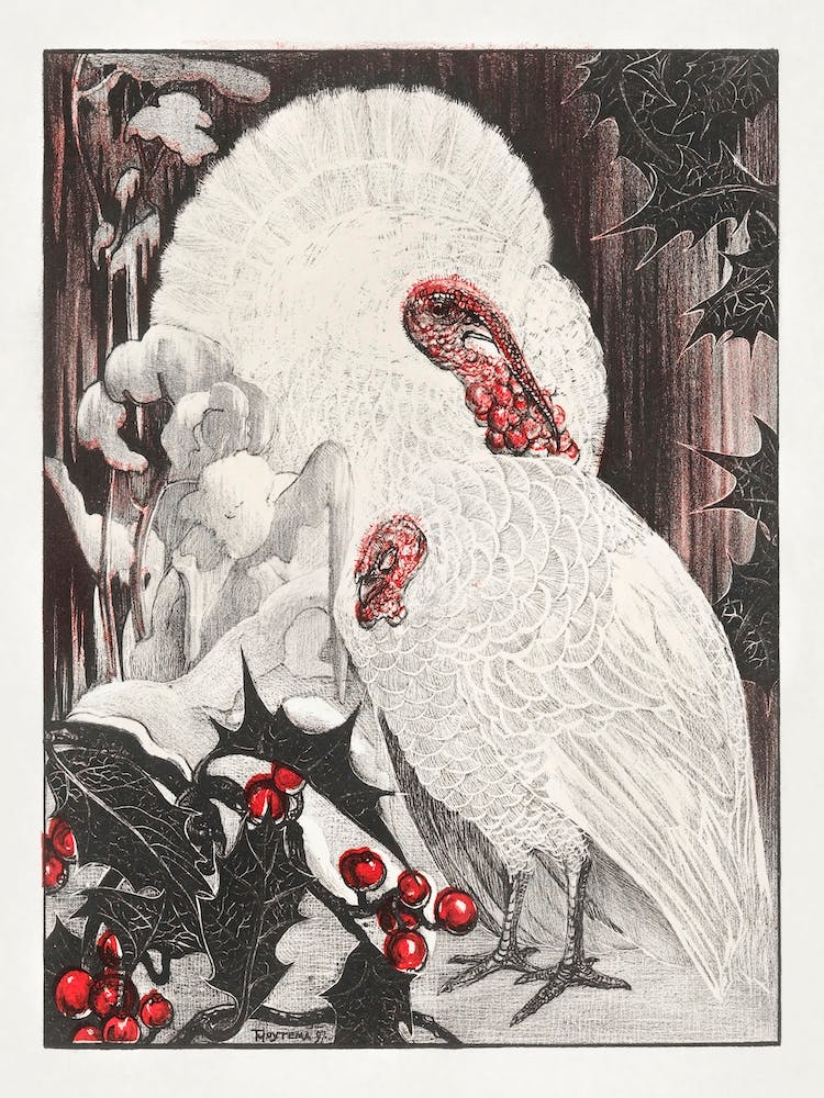 Two White Turkeys Near Holly Branches In The Snow (1897), Theo Van Hoytema