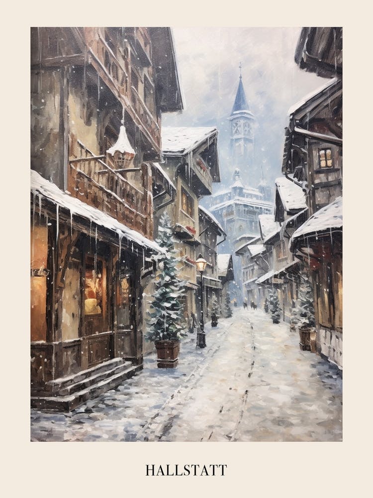 Vintage Winter Painting Poster Hallstatt Austria 1