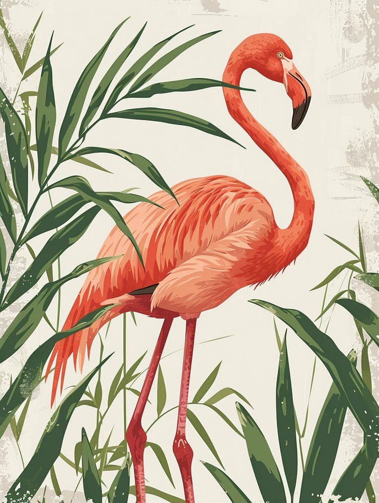 American Flamingo And Ginger Plants Minimalist Illustration 2