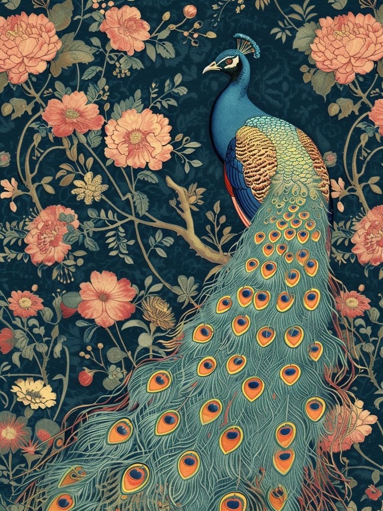 Navy Blue & Pink Peacock Wallpaper