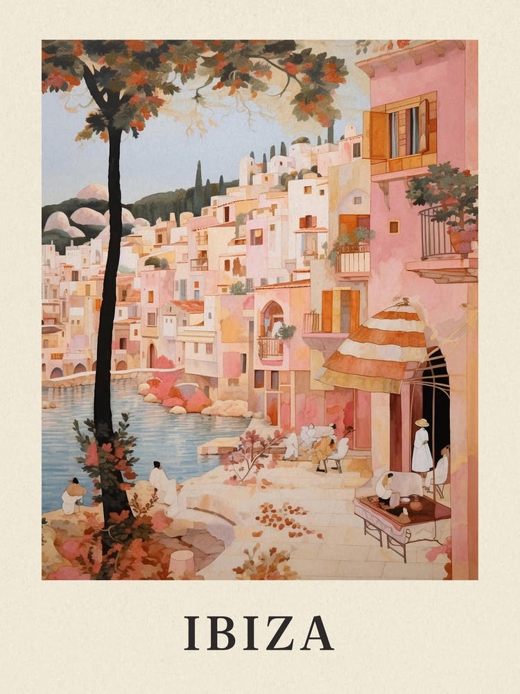 Ibiza Spain 5 Vintage Pink Travel Illustration Poster
