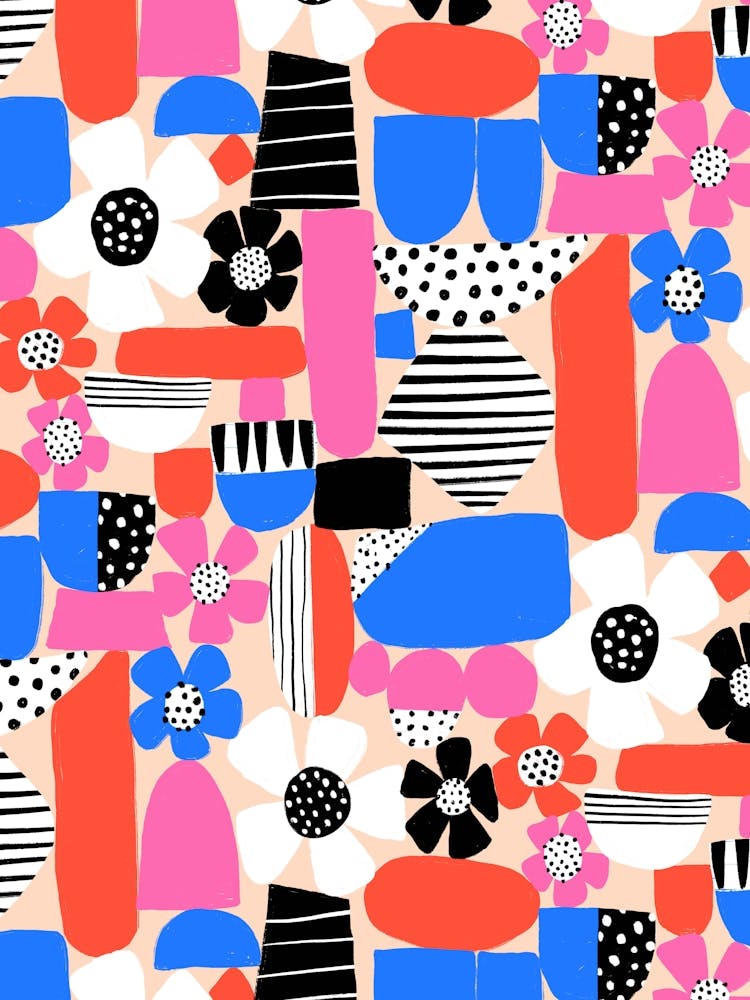 Pink, Blue, Red Floral Paper Cut Out and Doodle Mod Art Collage