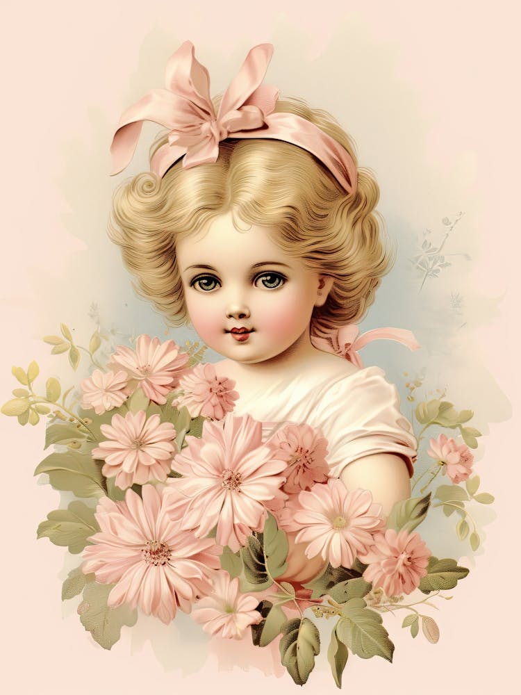 Vintage Pink Flower Girl Illustration Kitsch