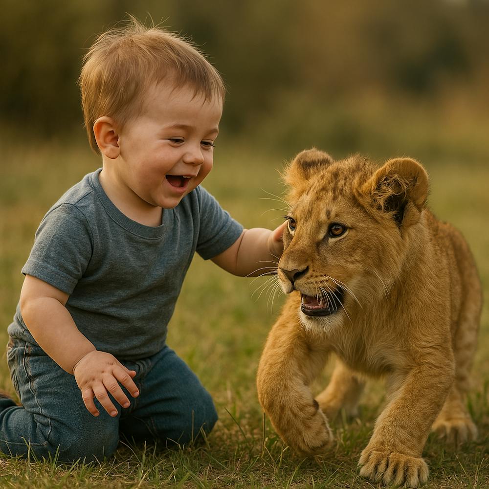 Lion Cub Playing With Baby