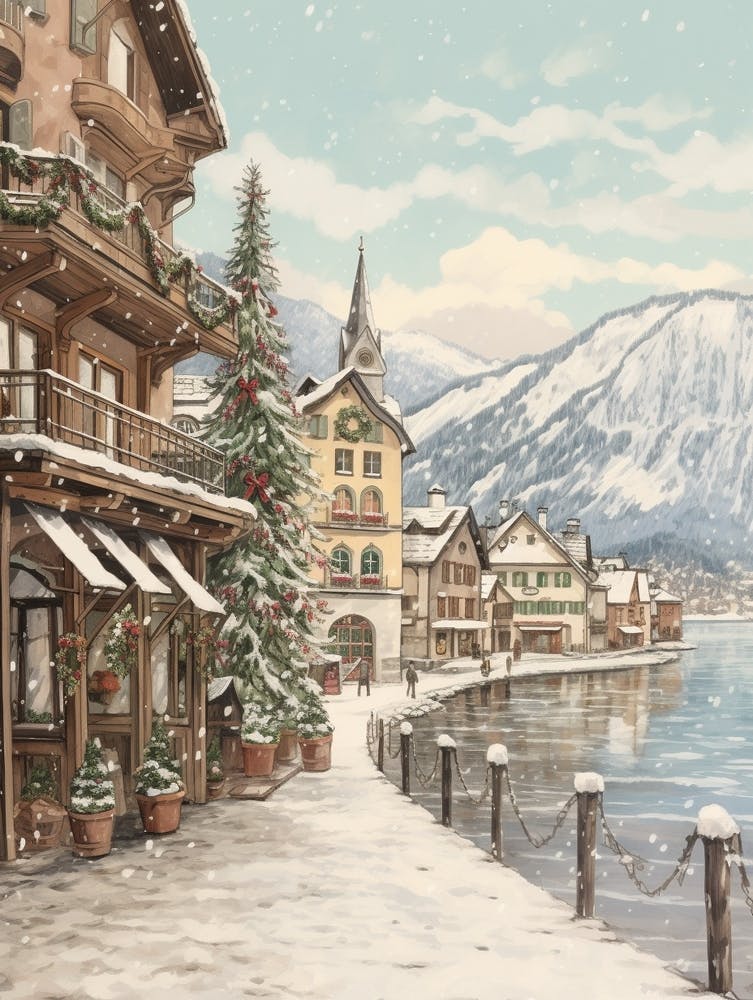 Vintage Winter Illustration Hallstatt Austria 2