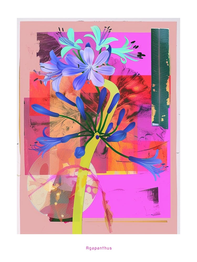 Agapanthus 4 Neon Flower Collage Poster