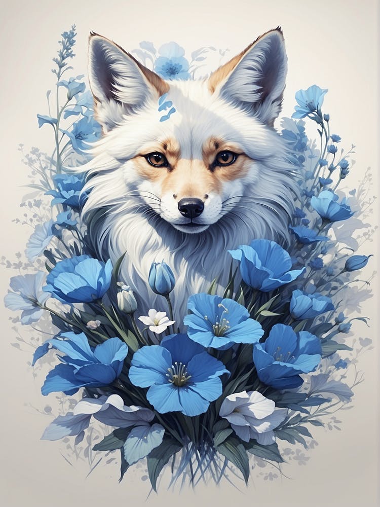 Fox With Blue Flowers 1