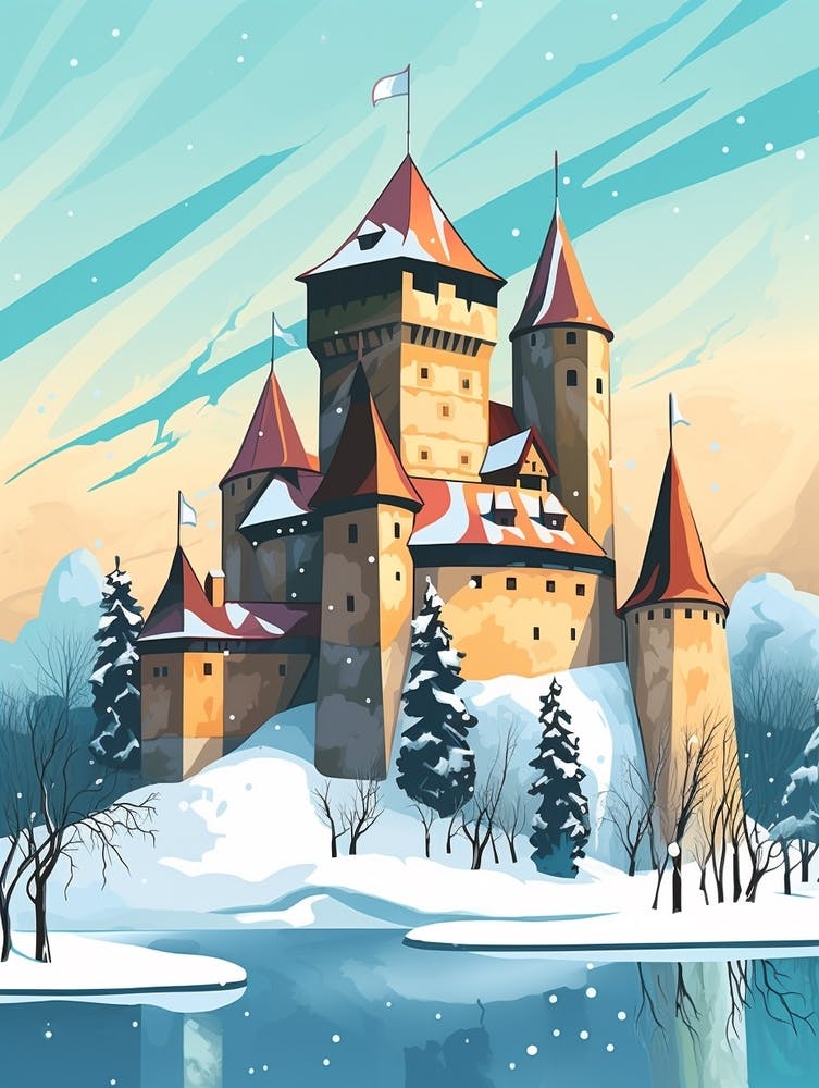 Vintage Winter Travel Illustration Trakai Castle Lithuania