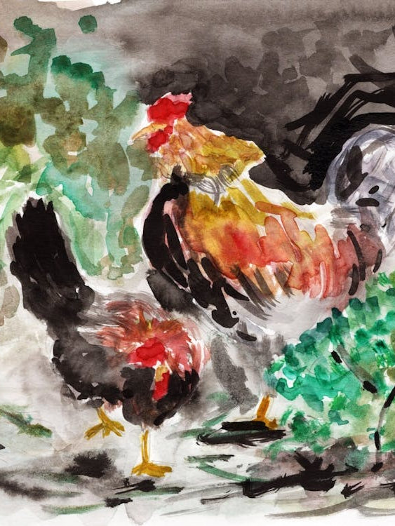 Rooster And Hen - watercolor impressionism Anton Maliar farm birds