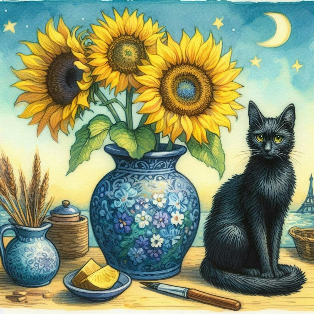 Black Cat With Sunflowers watercolor pestel painting Vase With Three Sunflowers With A Black Cat, Van Gogh Inspired/ 1