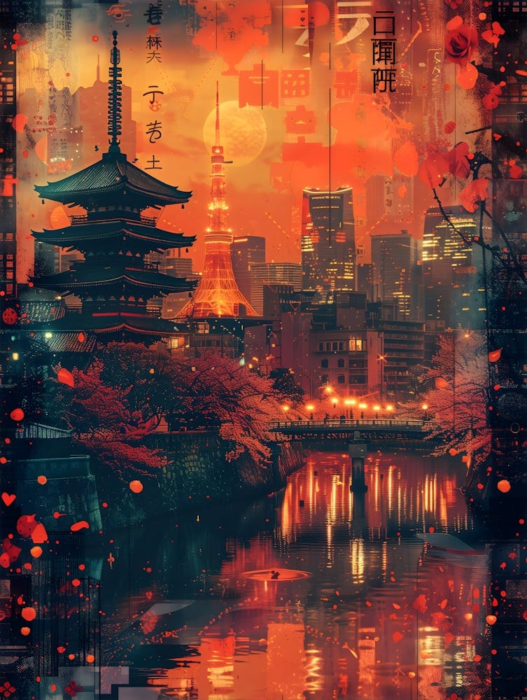 Tokyo At Night, Cityscape Collage Retro