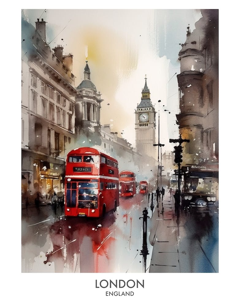 London England Watercolour Travel Poster 1