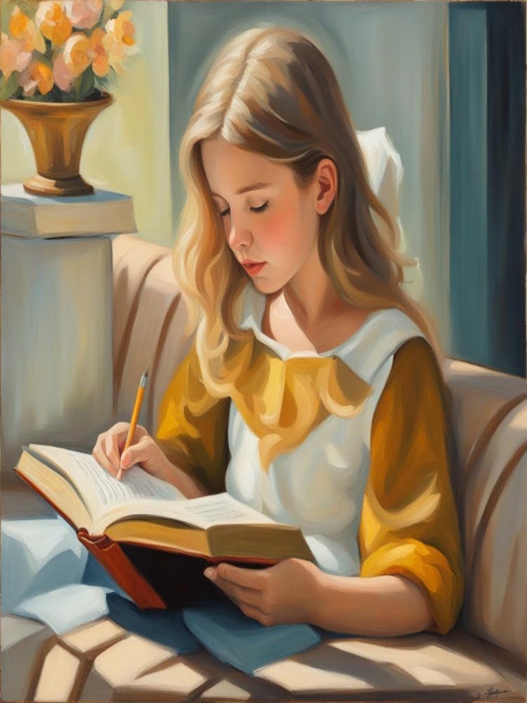 little girl is reading a book