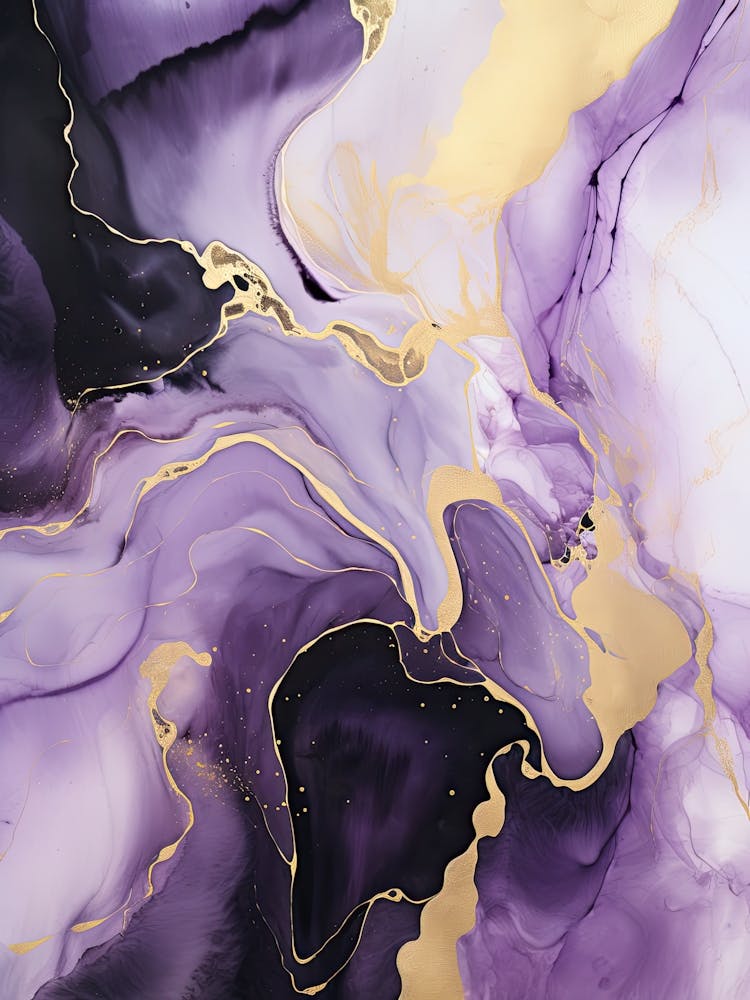 Lilac, Black, Gold Flow Asbtract Painting 1