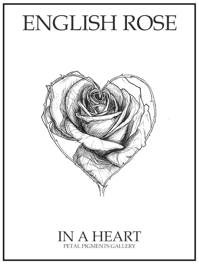 English Rose In A Heart Line Drawing 3 Poster
