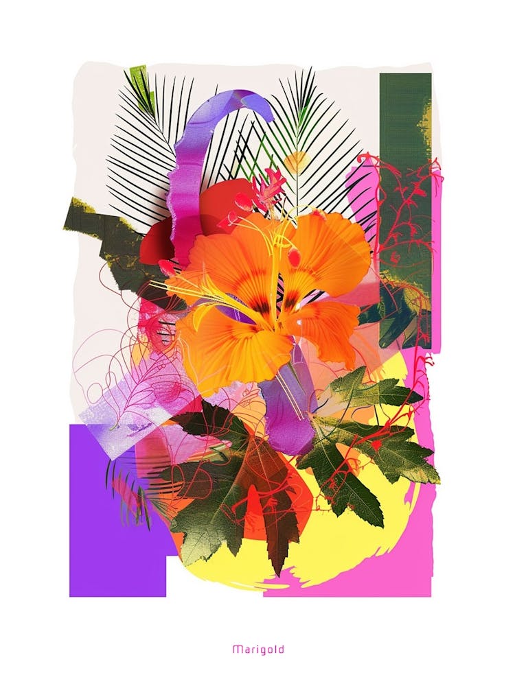 Marigold 2 Neon Flower Collage Poster