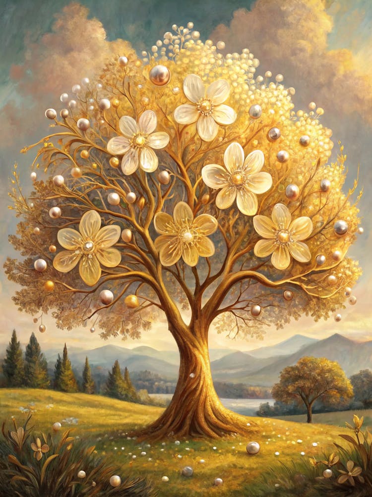 Oil Painting Style Large 3d Golden Tree With Pearl