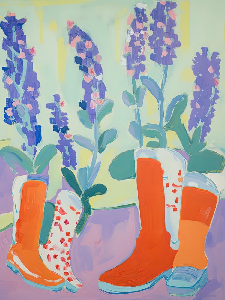 Painting Of Snapdragon Flowers And Cowboy Boots, Oil Style 2