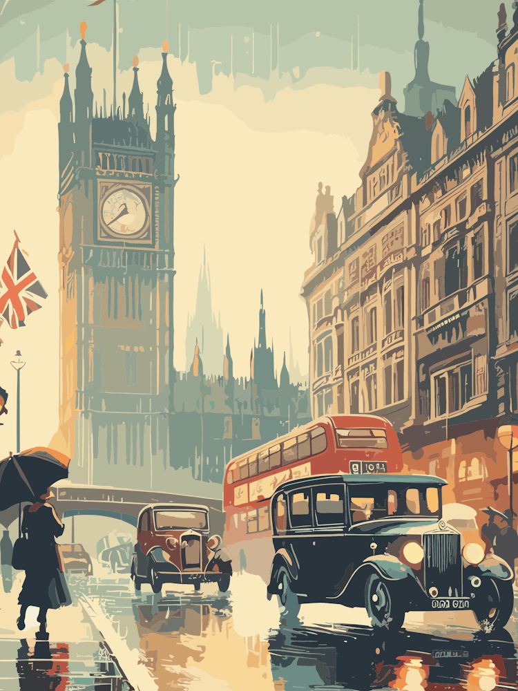 London on a rainy day vintage travel poster wall art