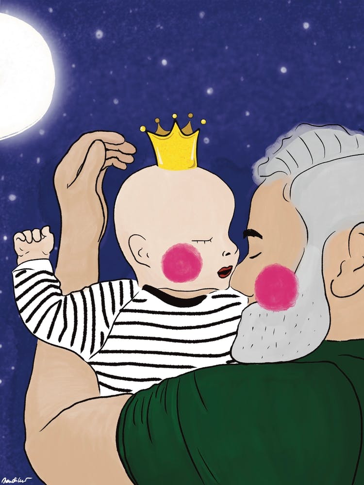 Father With Little Prince Or Princess Baby Sleeping Between The Stars
