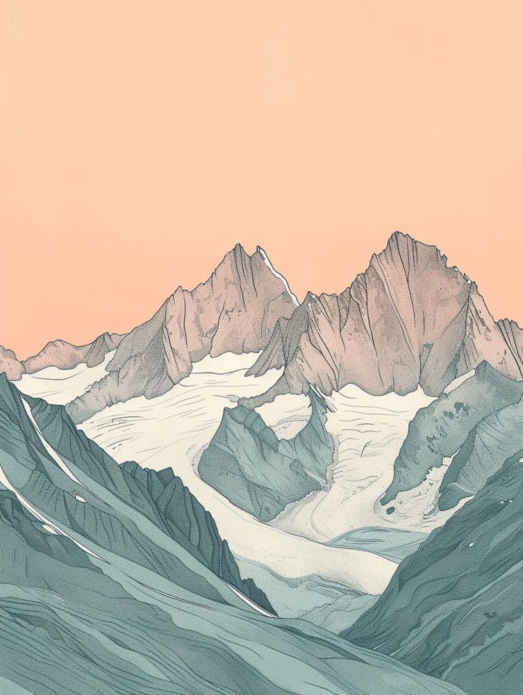Monte Rosa Switzerland Italy Color Line Drawing (1)