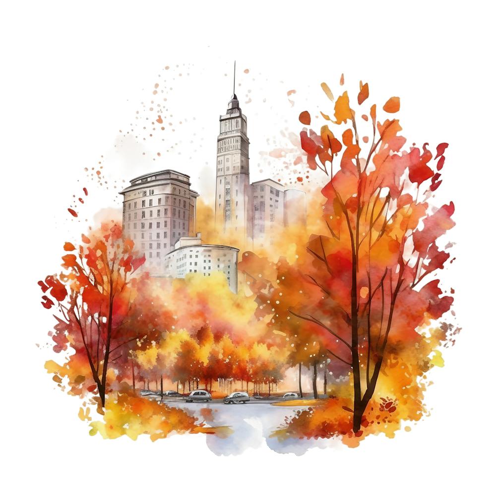 Watercolor Autumn Cityscape 1