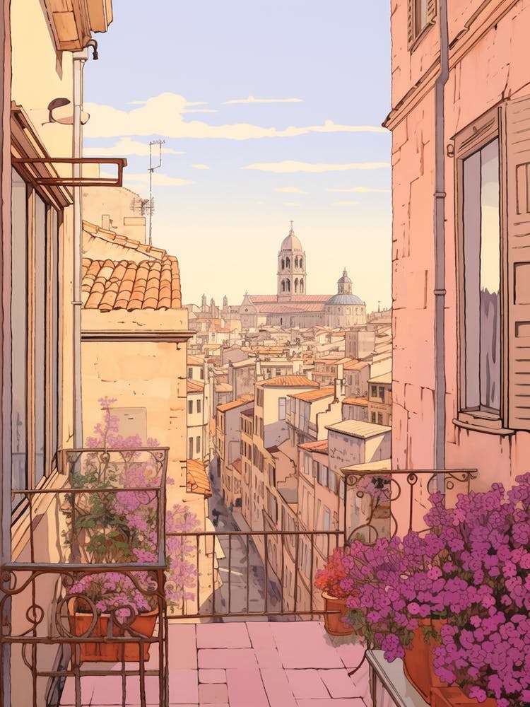 Marseille France 4 Vintage Pink Travel Illustration