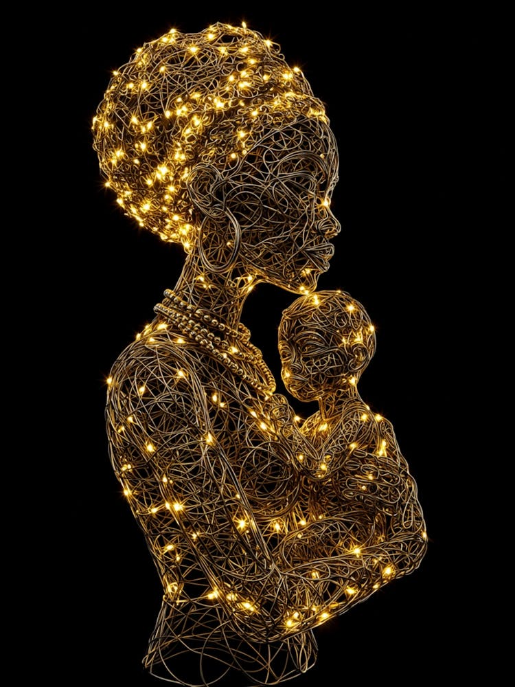 Illuminated Wire Art of Mother and Child's Tender Embrace