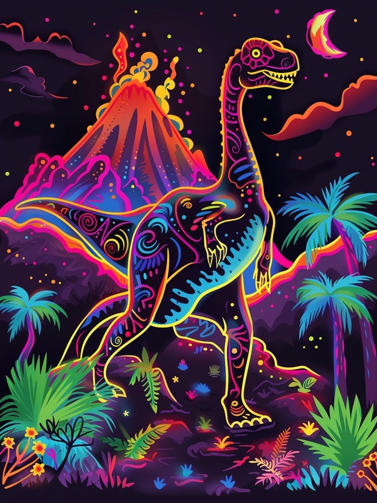 Neon Dinosaur With Volcano 1