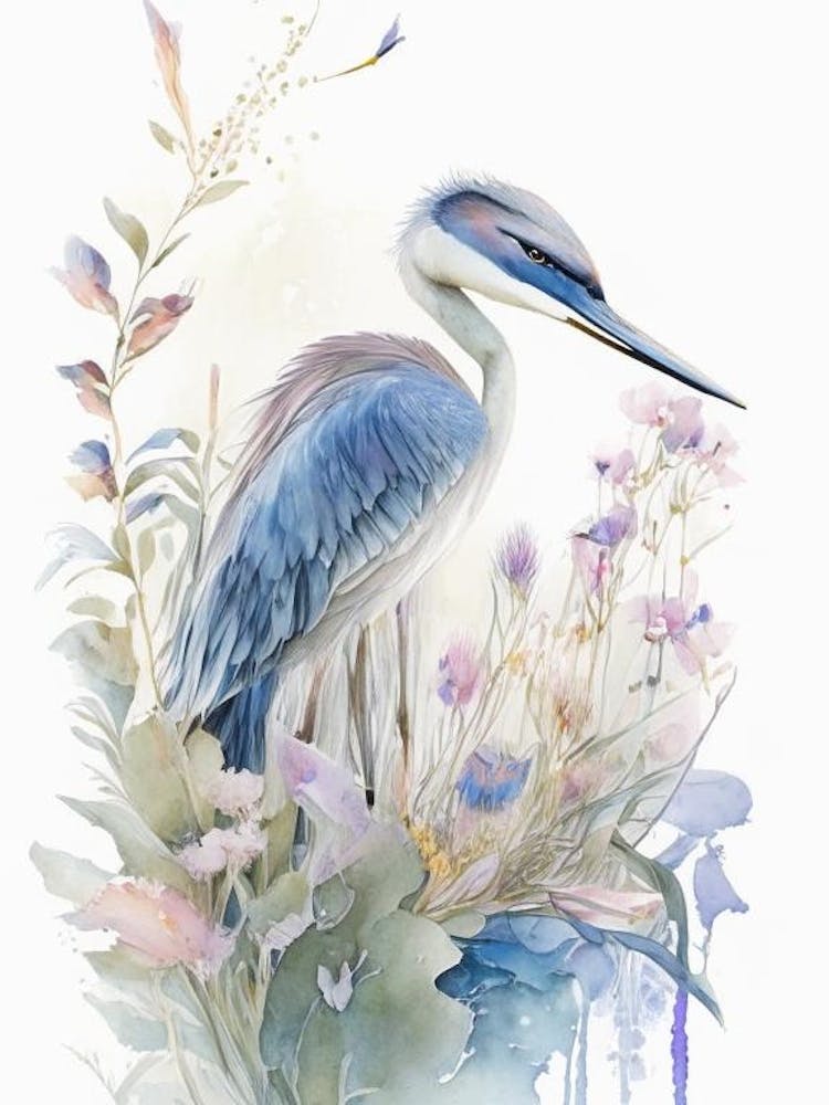 Blue Heron With Flowers Gouache 2