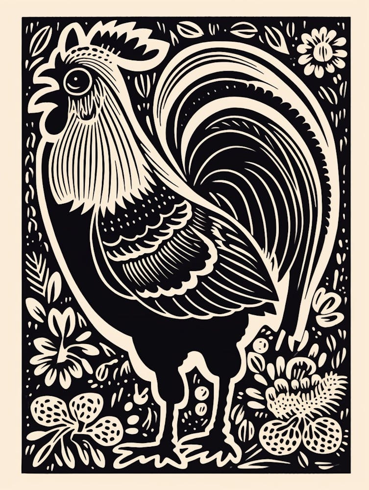 B&W Bird Linocut Chicken 6