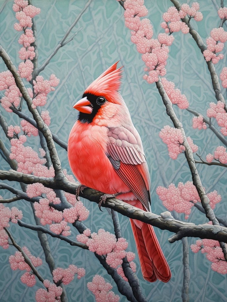 Ohara Koson Inspired Bird Painting Northern Cardinal 3