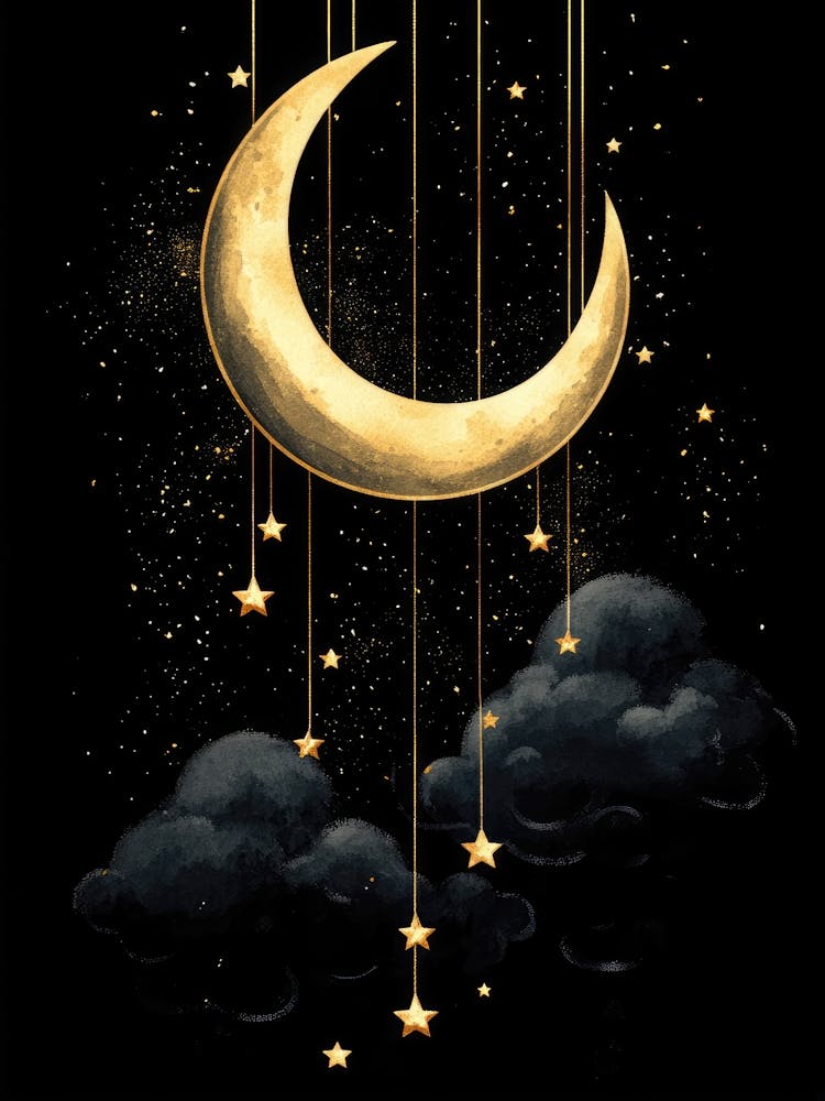 Moon and stars mobile – black, gold, cream – dreamy celestial aesthetic – digital watercolor & texture blend – fantasy/decorative art – perfect for nurseries, bedrooms, or calming meditation spaces