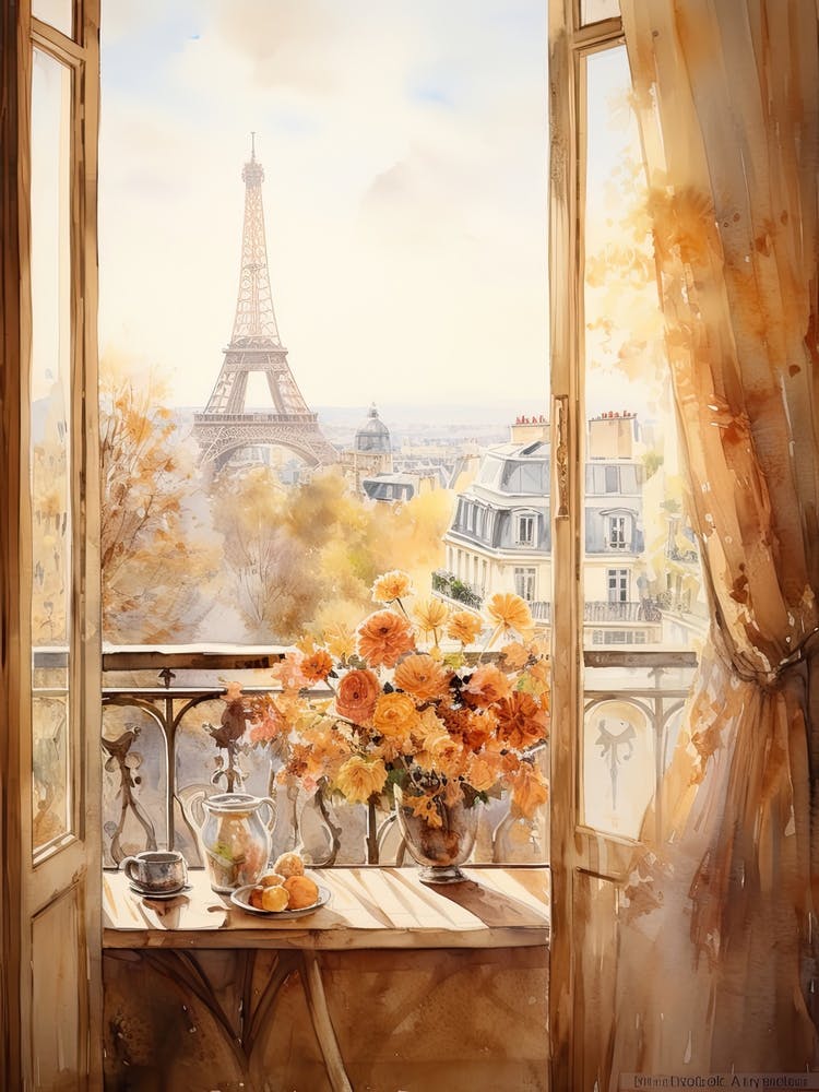 Window View Of Paris France In Autumn Fall, Watercolour 1
