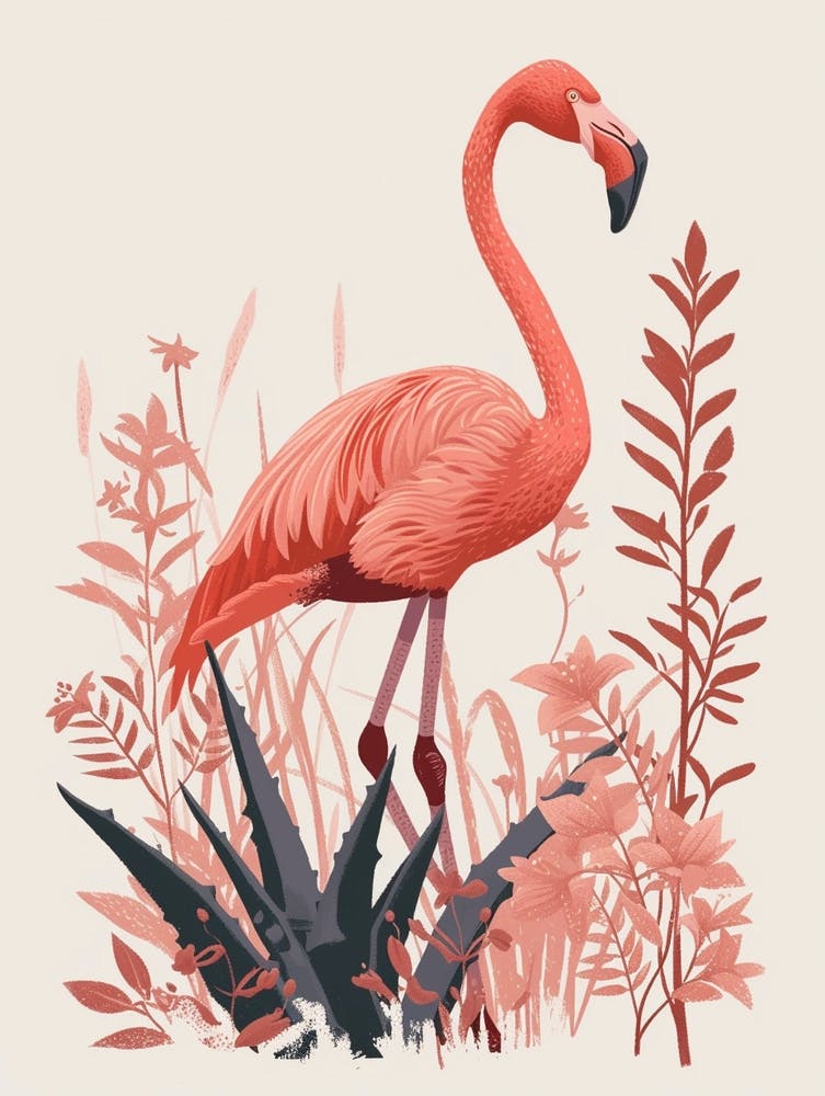 American Flamingo And Ginger Plants Minimalist Illustration 1
