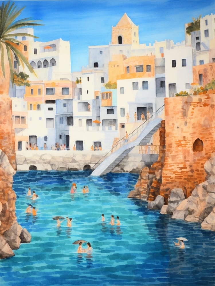 Swimming In Santorini Greece 3 Watercolour