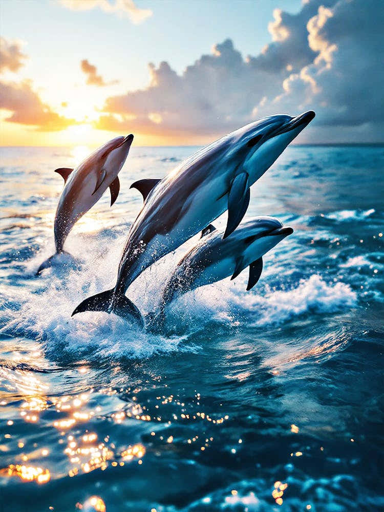 Group Of Dolphins Leaping Out Of Crystal Clear Water At Sunrise