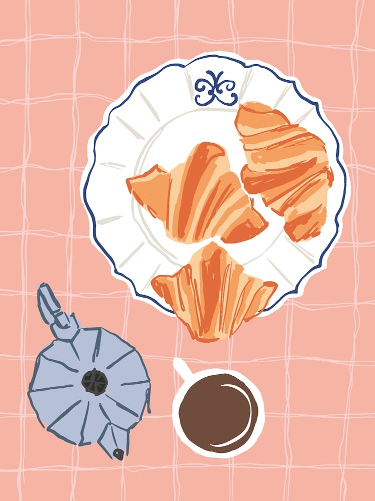 Food Illustration Coffee And Croissants Preppy Contemporary Kitchen