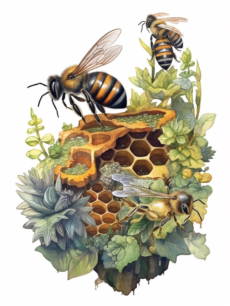 Sweat Bee Parasite Bee Beehive Watercolour Illustration 3