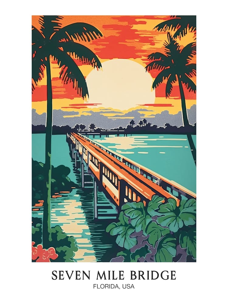 Seven Mile Bridge, Florida, United States, Colourful Travel Poster