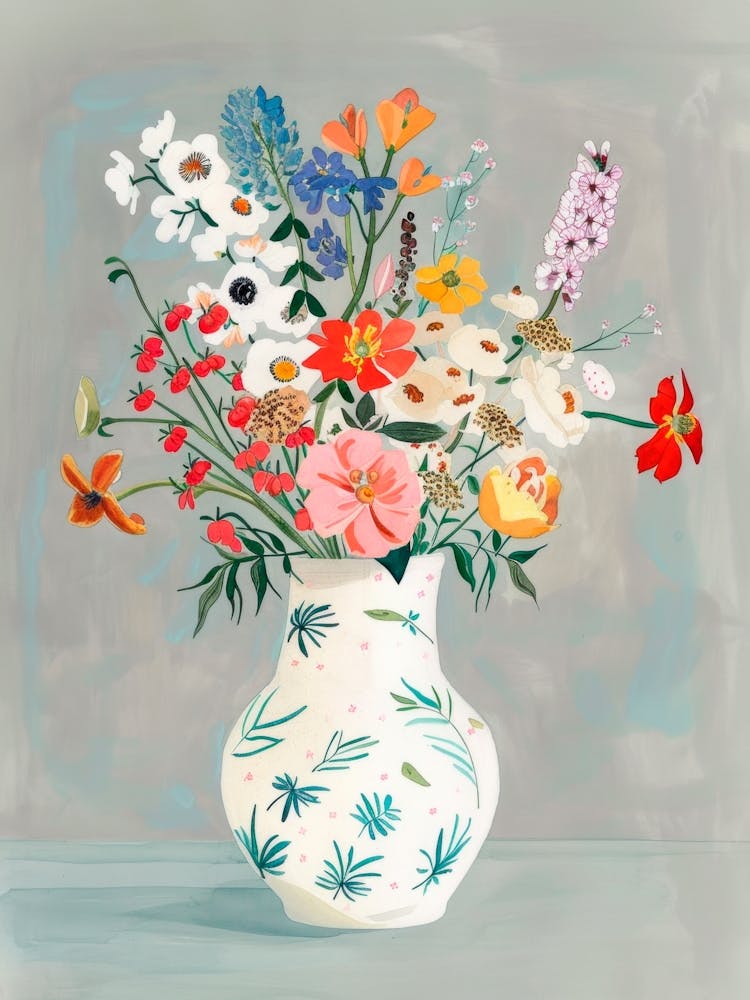 Wildflowers In Vase. Vintage Still Life Gouache Painting