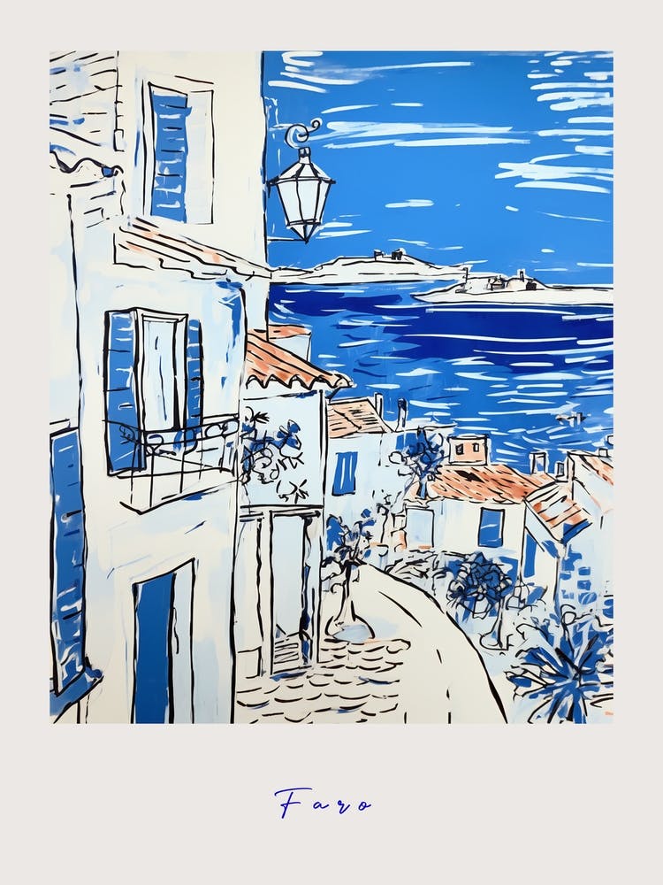 Faro Portugal 2 Mediterranean Blue Drawing Poster