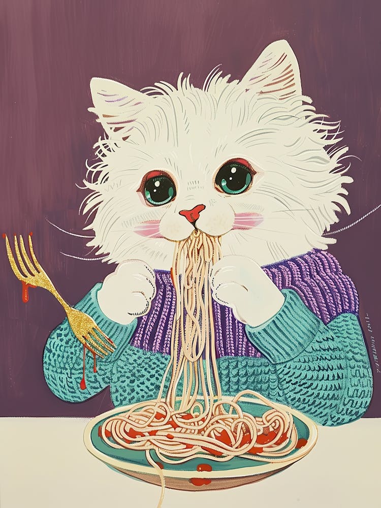 Weiße Katze Pasta-Liebhaber Volksillustration 3