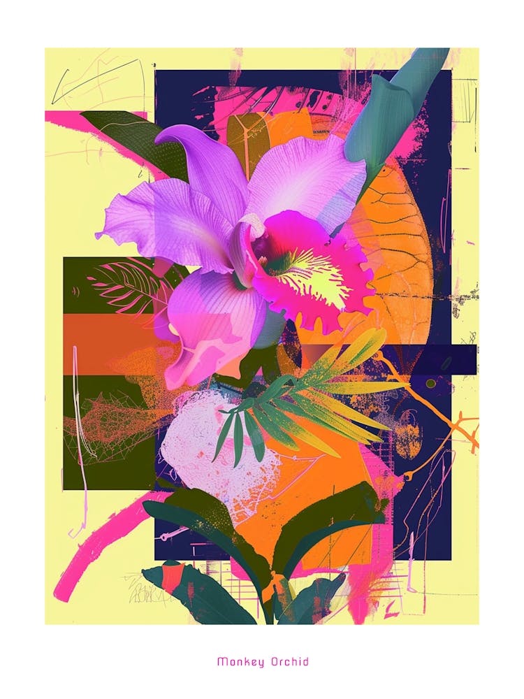 Monkey Orchid 3 Neon Flower Collage Poster