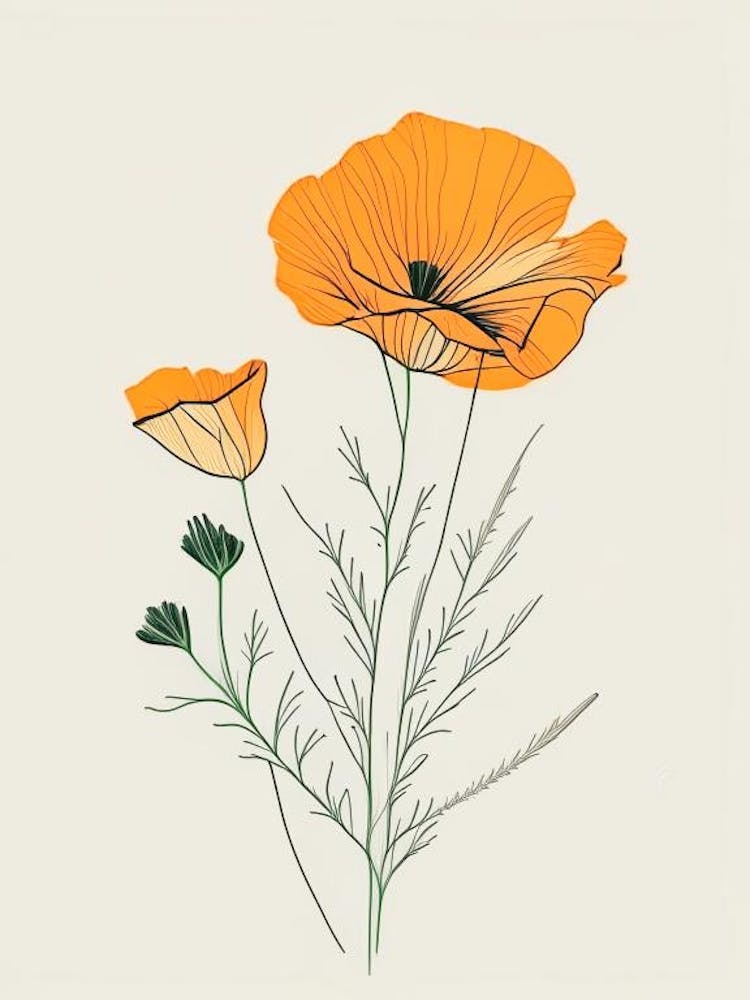 California Poppy Spices And Herbs Minimal Line Drawing 1