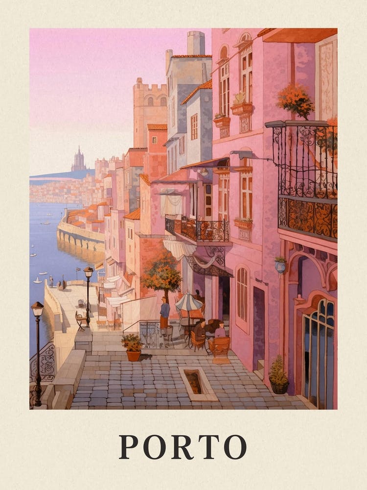 Porto Portugal 3 Vintage Pink Travel Illustration Poster
